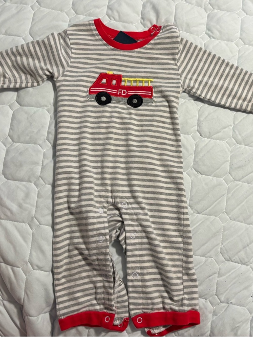 Gray & Red Striped Fire Truck Baby One-Piece Bodysuit